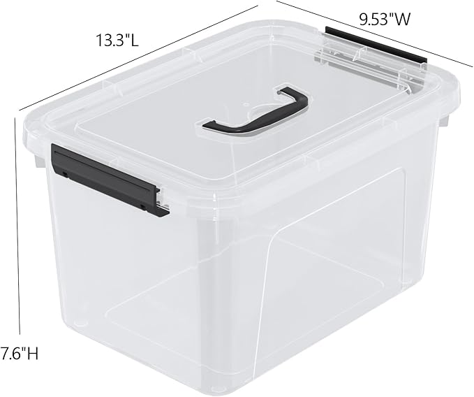Jandson 4 Packs Plastic Storage Box with Handle, 10 L Clear Lidded Organizer Bin