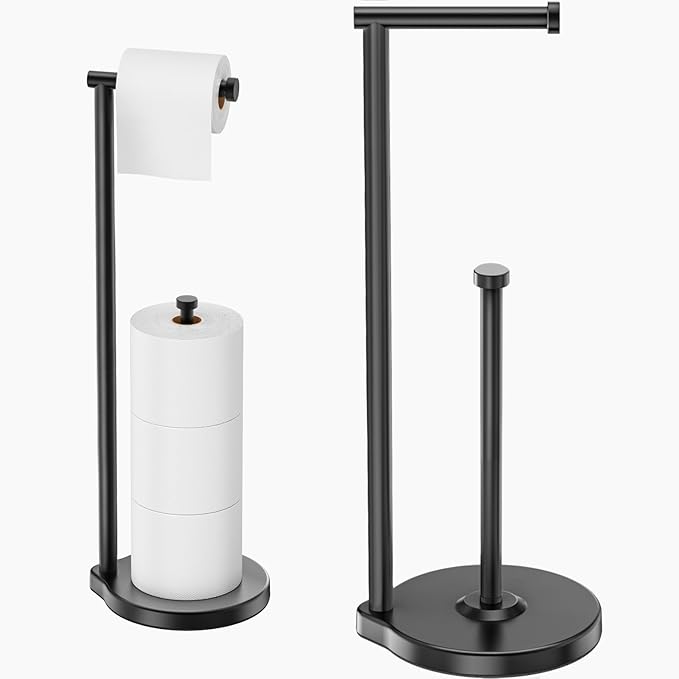 theaoo Heavy-Duty Toilet Paper Holder Stand – Modern Freestanding Bathroom Toilet Tissue Paper Roll Holder with Reserve & Storage, Stainless Steel (Black, Free Standing)