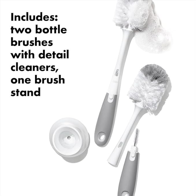 OXO Tot Bottle Brush with Nipple Cleaner and Stand – Gray, 2-Pack