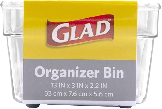 Glad Plastic Drawer Storage Tray – Heavy Duty Organizer Bin for Home, Kitchen, Bath, Bedroom, Office | Non-Slip Feet, 13" x 3", Clear