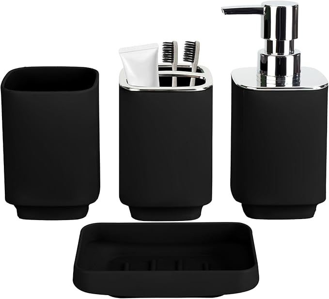 4Pack Bathroom Accessories Set, Bohemian Bathroom Sink Set, Contain Soap Dispenser, Toothbrush Holder, Soap Dish & Mouthwash Cup,Square soap and Toothbrush Holder Set