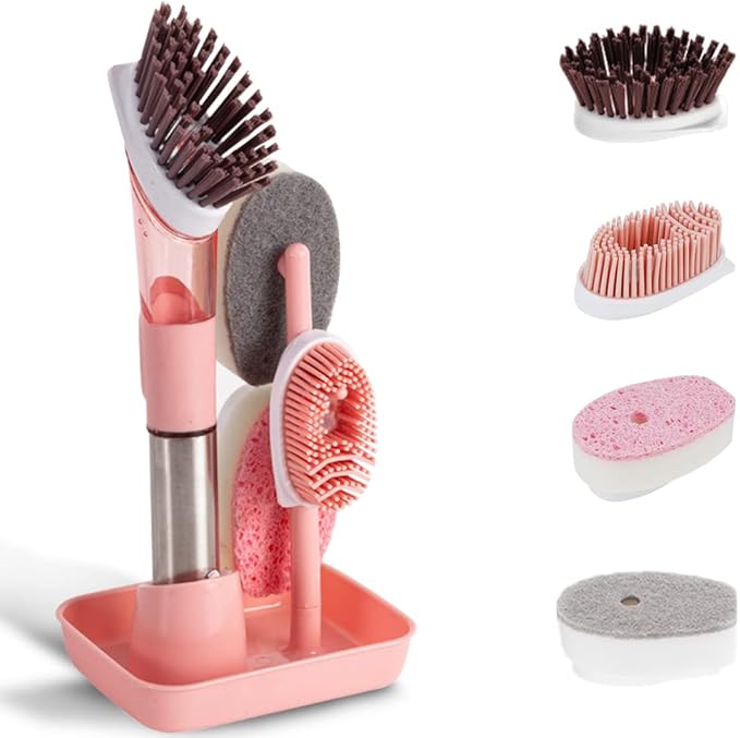 Dish Cleaning Brush, Soap Dispensing Dish Brush Set with 4 Replacement Heads and Storage Holder, Kitchen Scrub Brush for Dish Pot Pan Sink Cleaning (Pink)