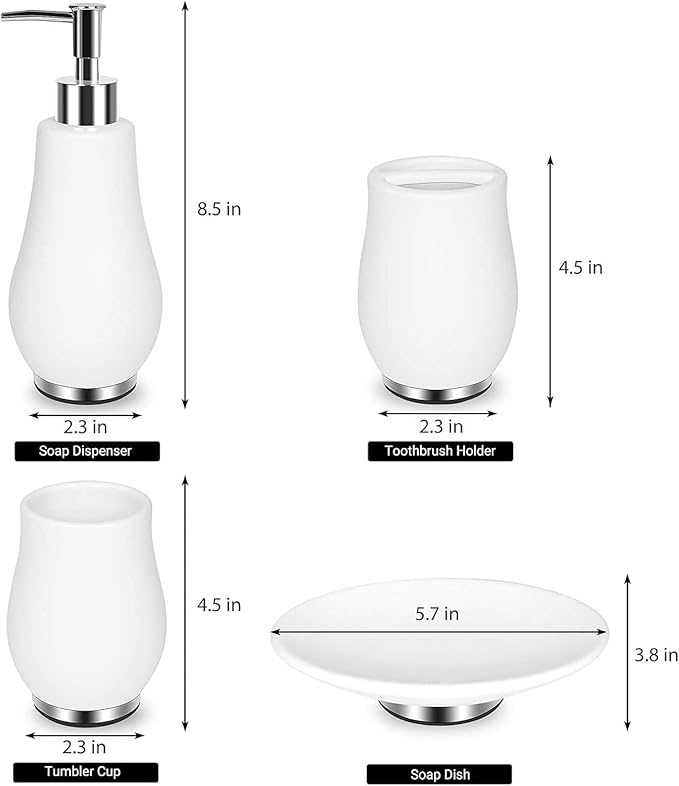 Bathroom Accessories Set 4 Pcs Toothbrush Holder Soap Dispenser Ceramic Bathroom Accessory Set with Toothbrush Cup Soap Dish Tumbler White