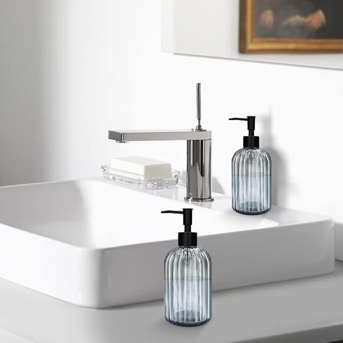 Pack of 2 Glass Soap Dispenser with Black Pump, 400 ml Refillable Pump Dispenser for Kitchen, Bathroom, Laundry Room, Liquid Glass Bottle for Washing Up Liquid, Shampoo, Conditioner (Gray)