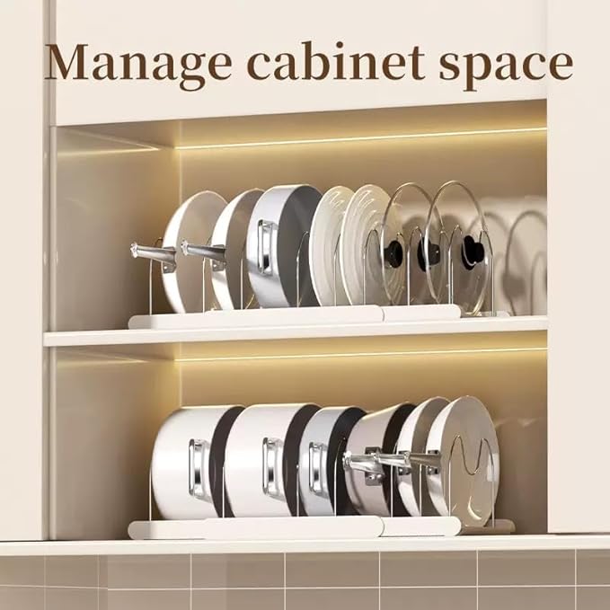 Expandable Pot Organizer with 7 Adjustable Dividers for Kitchen Cabinets, Baking Dishes, Bakeware, Pot Lids and Pantry Countertops (White)