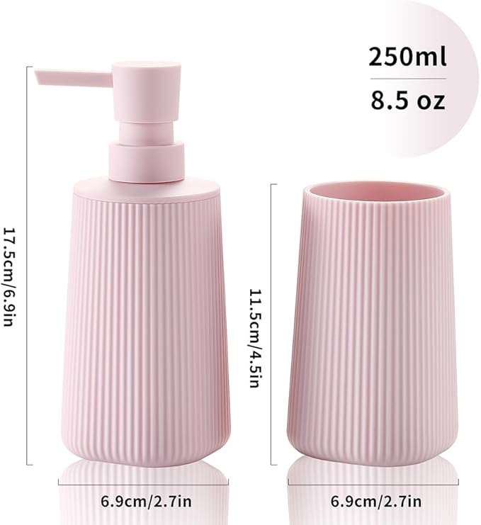 Bathroom Accessories 2 Piece Soap Dispenser and Toothbrush Holder Set Striped Pink