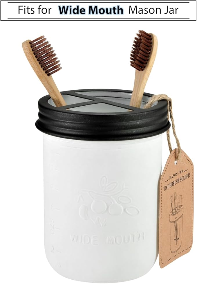 Mason Jar Bathroom Accessories Set(4pcs)-Jars Not Included - Foaming Soap Dispenser and Apothecary Jars Lids for Regular Mouth jar, Wide Mouth Toothbrush Holder lid, Farmhouse Decor-Black