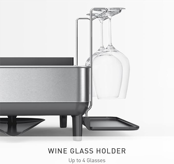 simplehuman Large Capacity Dish Drying Rack with Stainless Steel Frame, 360º Easy Drain Swivel Spout, Utensil & Wine Glass Holder, Anti-Residue Coating, Moisture Control Surface, Grey