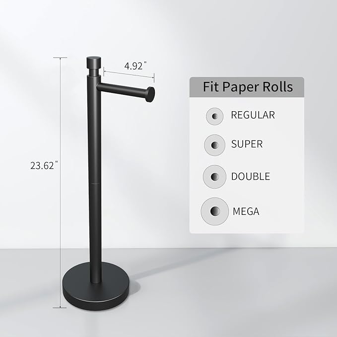 YUMORE Toilet Paper Holder Stand Freestanding, Weighted and Sturdy Matte Black Stainless Steel Design with Non-Slip Cap, Rustproof Tissue Roll Holder for Modern Bathroom, RV