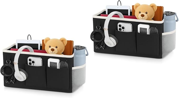 Bedside Caddy Organizer Hanging Storage Bag with Pockets for Books, Magazines, Phone, Tablet & Water Bottle – 2-Pack Bedside Storage for Dorm Rooms, Bunk Beds, Hospital Beds & Cribs, Black