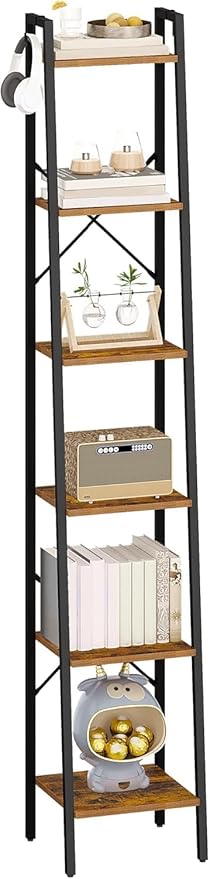 Ladder Shelf, Bookshelf Bookcase, Freestanding Corner Storage Shelve with 2 Hooks for Home Office, Living Room, Kitchen, Bedroom, Industrial, 11.8"D x 13.4"W x 72.8"H, Rustic Brown BC13301B