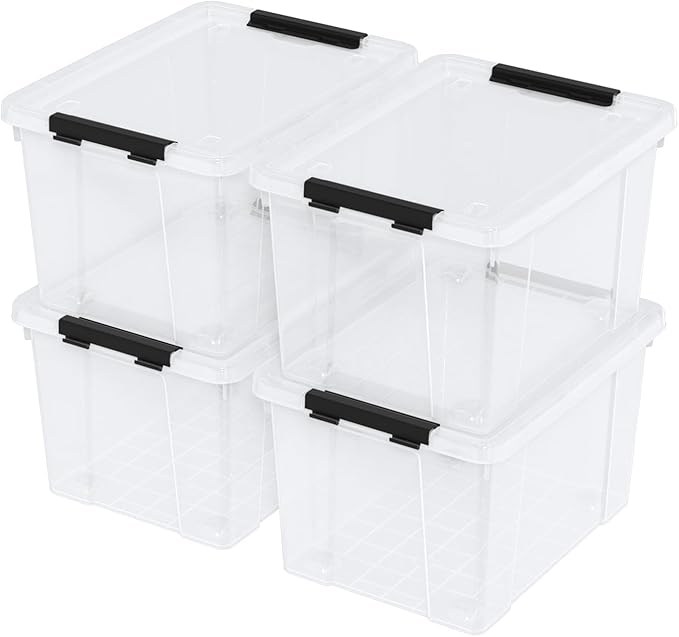 22 Quart Stackable Plastic Storage Bins with Lids and Latching Buckles, 4 Pack Tubs Boxes Organizing, Clear