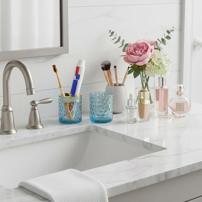 2pcs Blue Toothbrush Holders for Bathrooms, Glass Toothbrush Holder and Bathroom Tumbler Set, Gold Tooth Brush Cup Holder, Bathroom Counter Organizer for Brushes, Toothpaste