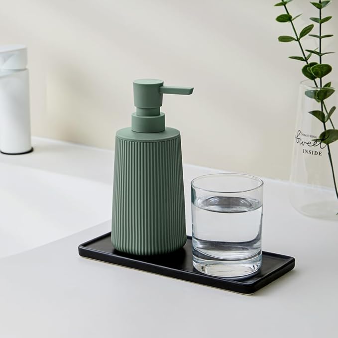 Small Soap Dispenser for Bathroom and Kitchen, Modern Farmhouse Striped Style Plastic Hand Soap Dish Soap Dispenser with Pump Matte Green