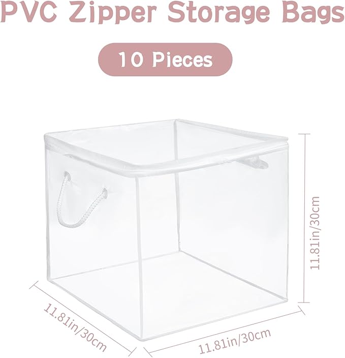 10-Pack Clear Zippered Storage Bags with Handles, Two-Way Zipper Foldable Closet Organizer, Bed Sheet Organizer, Plastic Storage Bin for Clothes, Towels