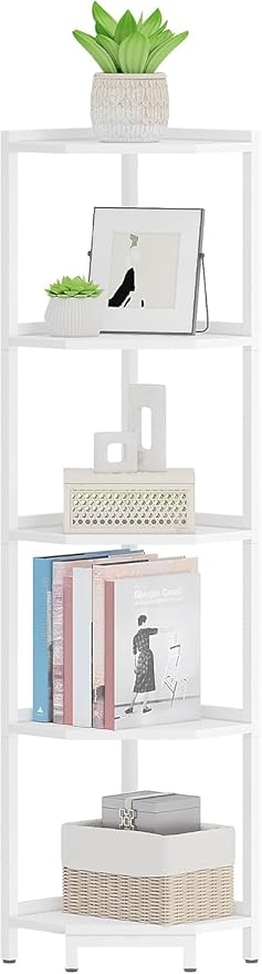 Corner Shelf Stand, Corner Bookshelf, Storage Standing Shelf Unit with Metal Frame, Plant Stand, Bookcase for Living Room, Home Office, Bedroom, 5-Tier White CS05913W