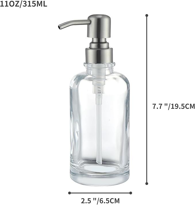 Bathroom Soap Dispenser Black, 11 oz Glass Cylindrical Bottles with Stainless Steel Pump Liquid Hand Soap Dispenser Kitchen