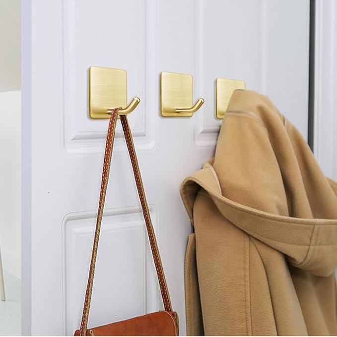 FOTYRIG Golden Stainless Steel Square Self Adhesive Hooks - Extra-Long Anti-Slip with Upgraded Adhesive, Holds 15lb Heavy Duty Wall Hooks for Kitchen, Bathroom, Garage -4 Packs
