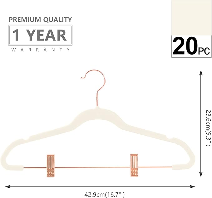 MIZGI Premium Velvet Pants Hangers with Clips (Pack of 20) - Slim Skirt Hangers - Non Slip Felt - Ivory - Copper/Rose Gold Hooks - Space Saving Shirt Clothes Hangers