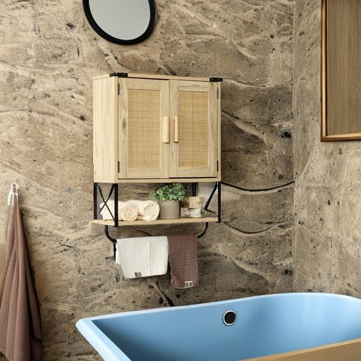 RUSTOWN Farmhouse Medicine Cabinet with 2 Barn Door, Boho Wood Wall Mounted Storage Cabinet with Adjustable Shelf and Towel Bar, 3-Tier Bathroom Cabinet for Bathroom(Rattan,Medium)
