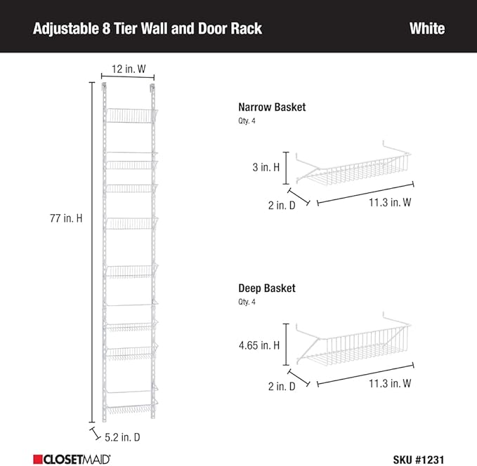 ClosetMaid Adjustable Organizer Rack with Baskets Wall or Over Door Mount, for Kitchen, Pantry, Utility Room, Closet, 12 in. W, White Finish