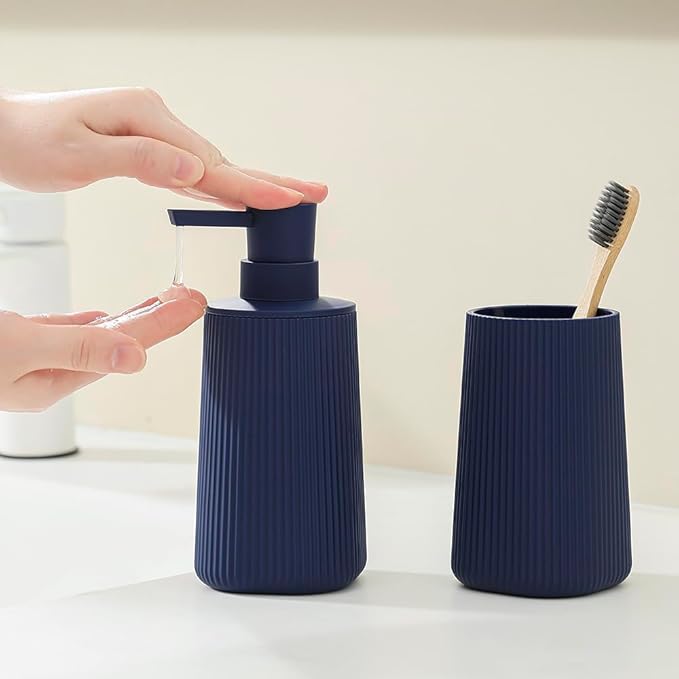 Bathroom Accessories 2 Piece Soap Dispenser and Toothbrush Holder Set Striped Blue