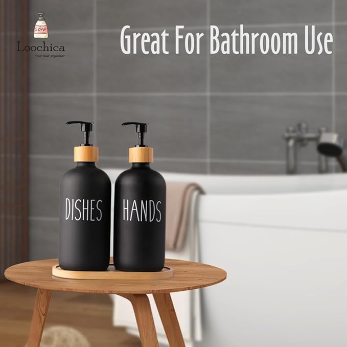 2 Pack Black Glass Soap Dispenser Set with Tray, Hand and Dish Glass Soap Dispensers for Kitchen Sink, Matte Black Soap Dispenser Suitable for Kitchen Sink, Rustic Kitchen Décor