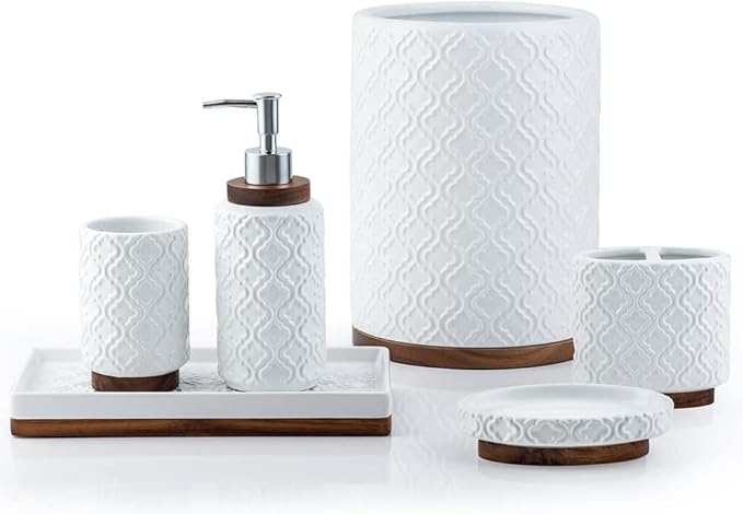 Bathroom Accessories Set 6 Pcs Toothbrush Holder Soap Dispenser Ceramic and Wood Bathroom Set with Trash Can Soap Dispenser Toothbrush Holder Tray Tumbler Soap Dish White