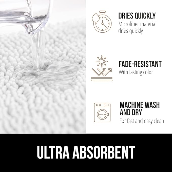 GORILLA GRIP Bath Rug Mat 30x20, Thick Soft Absorbent Chenille, Quick Dry Microfiber Mats, Rubber Backing Washable Shower Floor Rugs, US Designed Bathroom Bathmat Home Decor Accessories, White