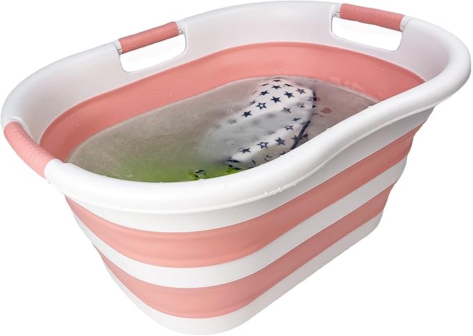 SAMMART 40L (10.5 gallon) Set of 2 Collapsible Plastic Laundry Hamper - Foldable Pop Up Storage Container/Organizer - Portable Washing Tub - Space Saving Basket (2, White/Quartz Pink)