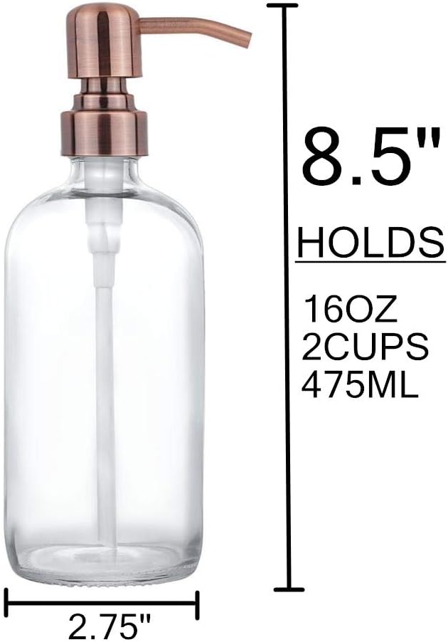 2 Pack Thick Clear Glass Pint Jar Soap Dispenser with Copper Stainless Steel Pump, 16ounce Clear Boston Round Bottles Dispenser with Rustproof Pump for Essential Oil, Lotions Soap