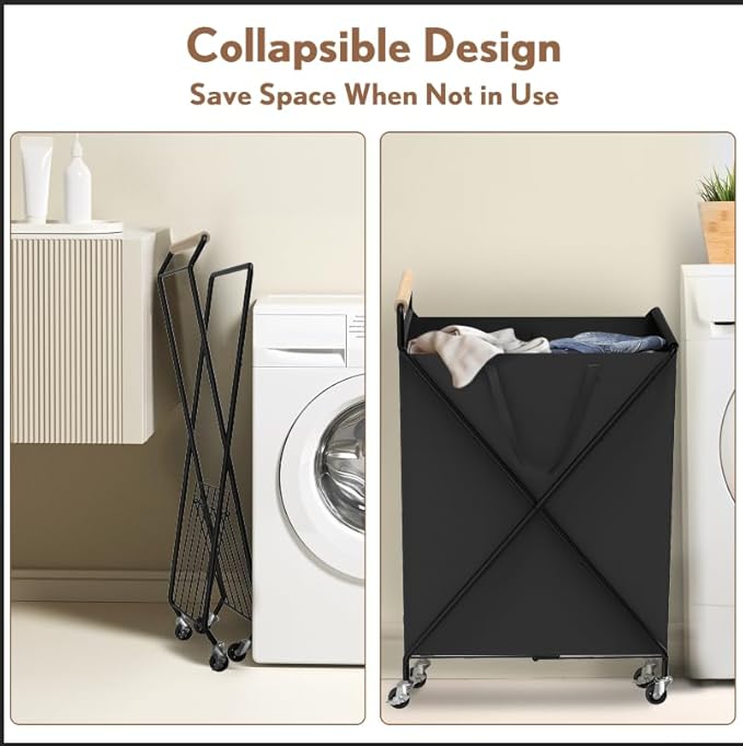 Foldable Metal Laundry Basket with Wheels, 2-Section Rolling Laundry Hamper, 37 Gallons (140L), Only 4LB, Removable Liner, Steel Frame with Handle