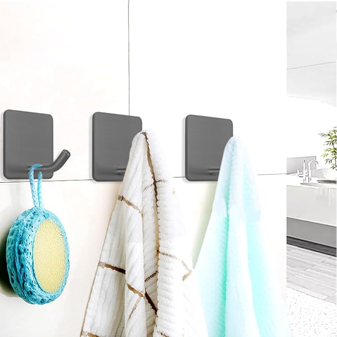 FOTYRIG Adhesive Towel Hooks Stick on Towel Hanger Wall Hooks Waterproof Stainless Steel Sticky Hooks for Hanging Bathroom Kitchen Home Grey -4 Packs