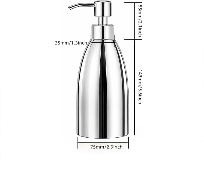 304 Stainless Steel Soap Dispenser 16oz Rust-Proof Liquid Soap Pump Bottle for Kitchen or Bathroom Countertop Hand Dish Lotion Leak-Proof (Mirror Stainless Steel)