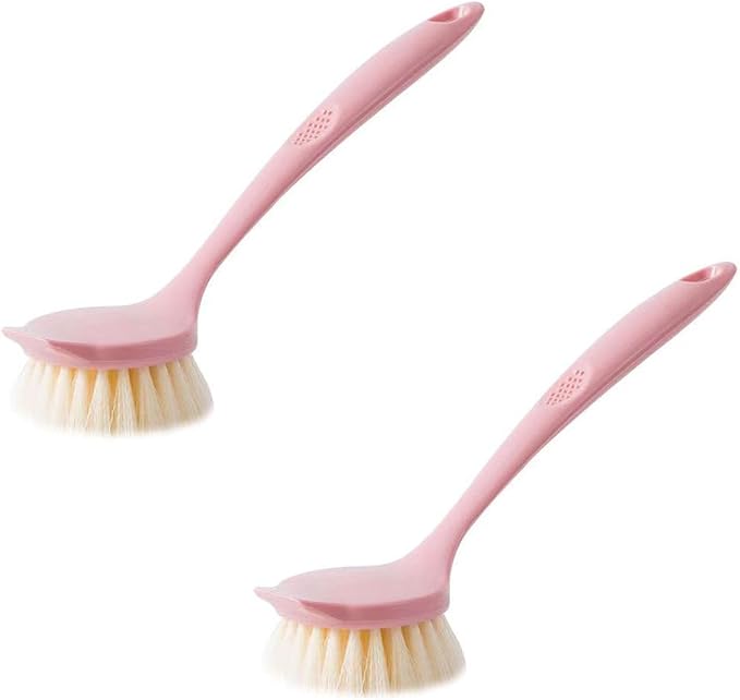 2 Pack Dish Brush with Handle – Long Handle Scrubber with Tough Bristles, Pink,Kitchen Brushes for Cleaning Pot, Sink and Stove
