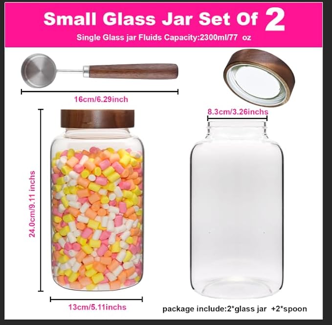 Patoper Glass Coffee Jars Spice Jar Round Storage Canister with Wooden Lid Clear Glass Food Jar for Pantry Sugar Tea Coffee Bean Spice Nuts Cookies Bath Salts (2300ml/77oz-2PACK(with spoon)