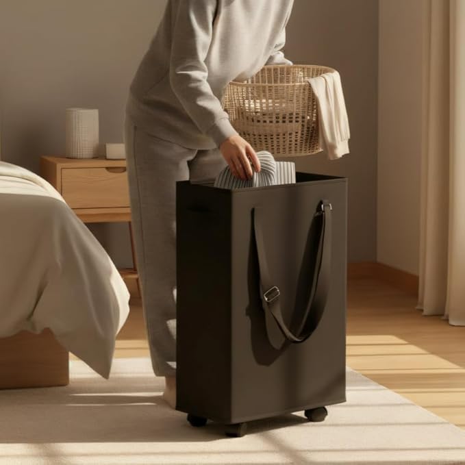 Slim Rolling Laundry Basket, Slim Laundry Hamper with Wheels and Adjustable Long Handles, 45L Small Laundry Baskets with Mesh Top for Bedroom, Closet, and Bathroom - Black