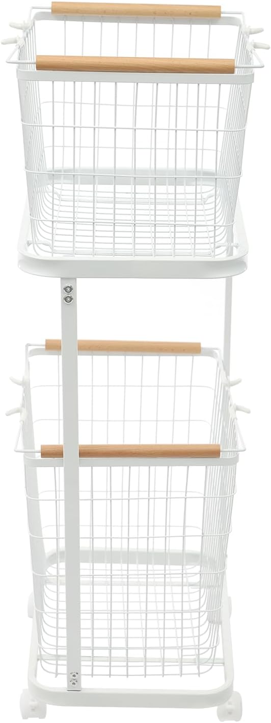 Laundry Basket with Wheels, 2 Tier Removable Wire Laundry Cart, Vertical Laundry Sorter, Rolling Hamper Dirty Clothes Hamper Organizer for Laundry Room, Bathroom, Bedroom, School (White)