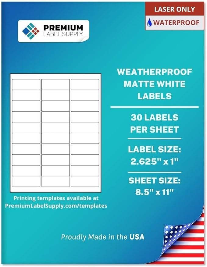 Premium Label Supply Waterproof White Address Sticker Labels – 2.625" x 1" – Laser Printers Only – (30 per Sheet), 10 Sheets - 300 Total Adhesive Labels