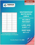 Premium Label Supply Waterproof White Address Sticker Labels – 2.625" x 1" – Laser Printers Only – (30 per Sheet), 10 Sheets - 300 Total Adhesive Labels