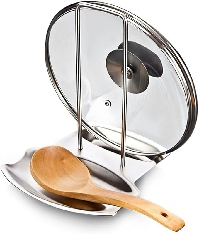 Stainless Steel Spoon Rest with Pan Lid Holder Stainless Steel Pan Lid Organizer Soup Spoon Rests Rack Kitchen Utensils Holders(Gold)