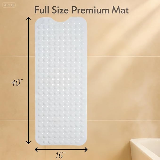 Bath and Shower Safety Mats 40x16 inch, Non Slip with Strong Suction Cups for Bathroom Stall and Tub Floor, Extra Large and Machine Washable, Drain Holes Keep Bathtub Clean, Soft on Feet, White