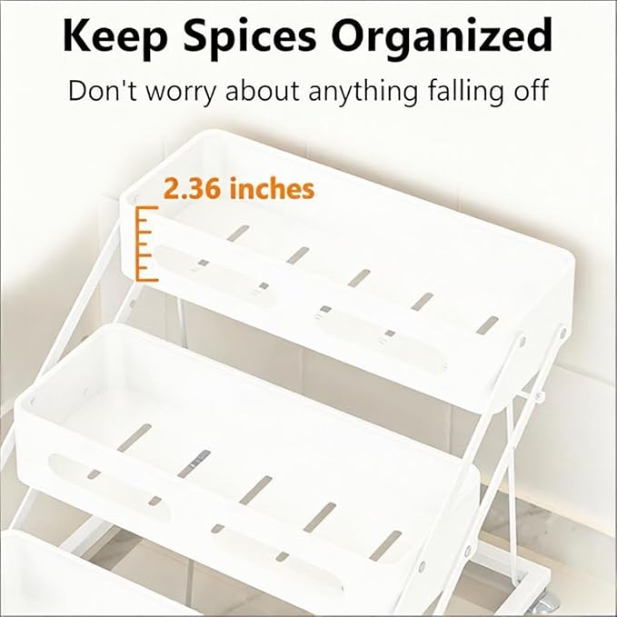 3 Tier Foldable Spice Rack for Countertop Iron Kitchen Seasoning Organizer for Cabinet, White