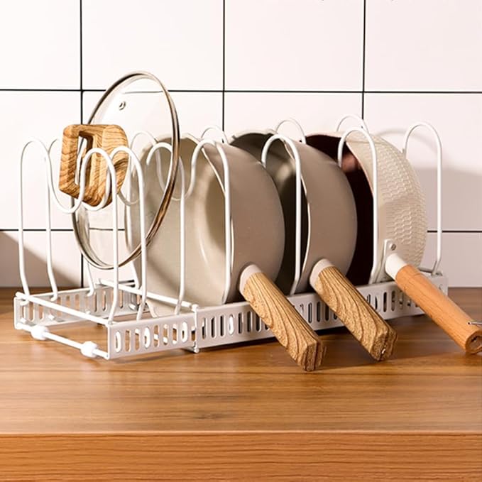 Expandable Pots and Pans Organizer Rack, Pot Lids Cutting Boards Kitchen Cabinet Organizer with 7 Adjustable Compartments, Cookware Bakeware Rack for Kitchen Cabinet Countertop Storage(White)