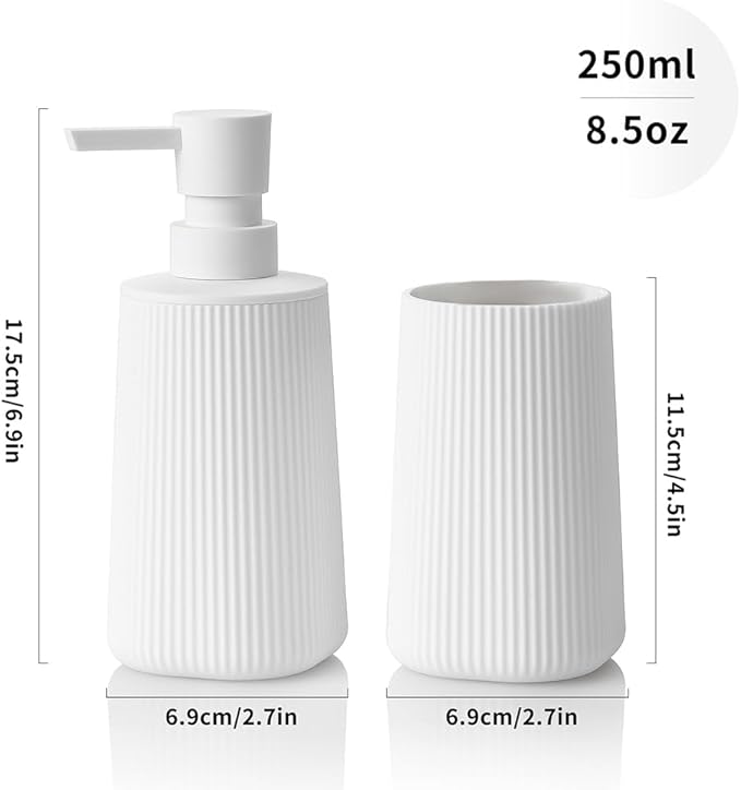 Bathroom Accessories 2 Piece Soap Dispenser and Toothbrush Holder Set Striped White