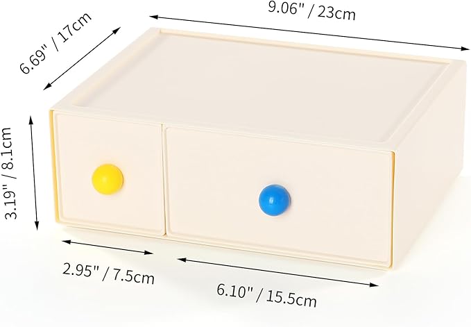 Desktop Storage Drawers, Plastic Desk Organizer with 2 Drawers, Modular Stackable Toolbox Units for Office Stationary, Makeup Container, Bathroom Countertop (1 Tall Layer, Cream)