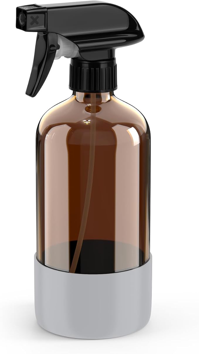 Amber Glass Spray Bottle with Silicone Sleeve Protection, 16 oz Refillable Spray Bottle for Cleaning Solutions, Plants, Aromatherapy, Facial Hydration (Grey Sleeve(Amber Bottle)