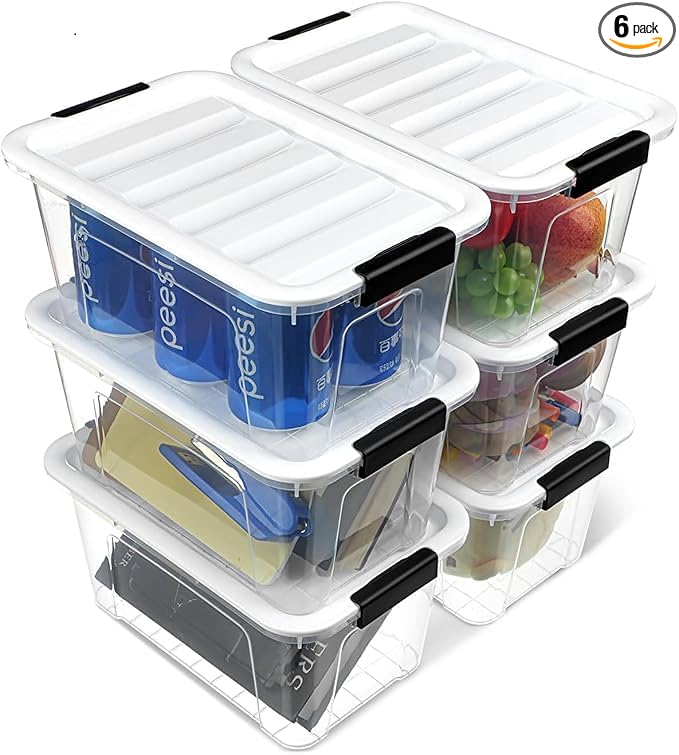Plastic Storage Bins with Lids 6 Pack, 7 Quart Storage Containers with Black Buckle Latch, Stackable Storage Containers for Home Pantry Office Classroom Organization, White