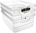 Isaac Jacobs 3-Pack Medium Clear Storage Bins (8” L x 10” W x 4.25” H) w/Cutout Handles, Plastic Organizer for Home, Office, Kitchen, Fridge/Freezer, Bathroom, BPA Free, Food Safe (3-Pack, Medium)