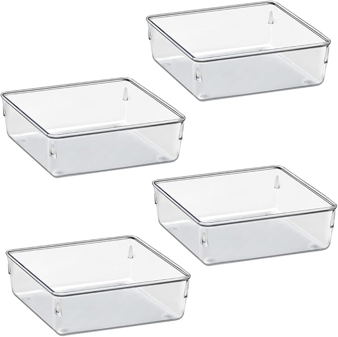 Acrimet Drawer Organizer Modular, Box Tray Storage Bins for Office, Home, Makeup, Kitchen, Junk Drawer ( 4 Pieces) (Clear Crystal Plastic)